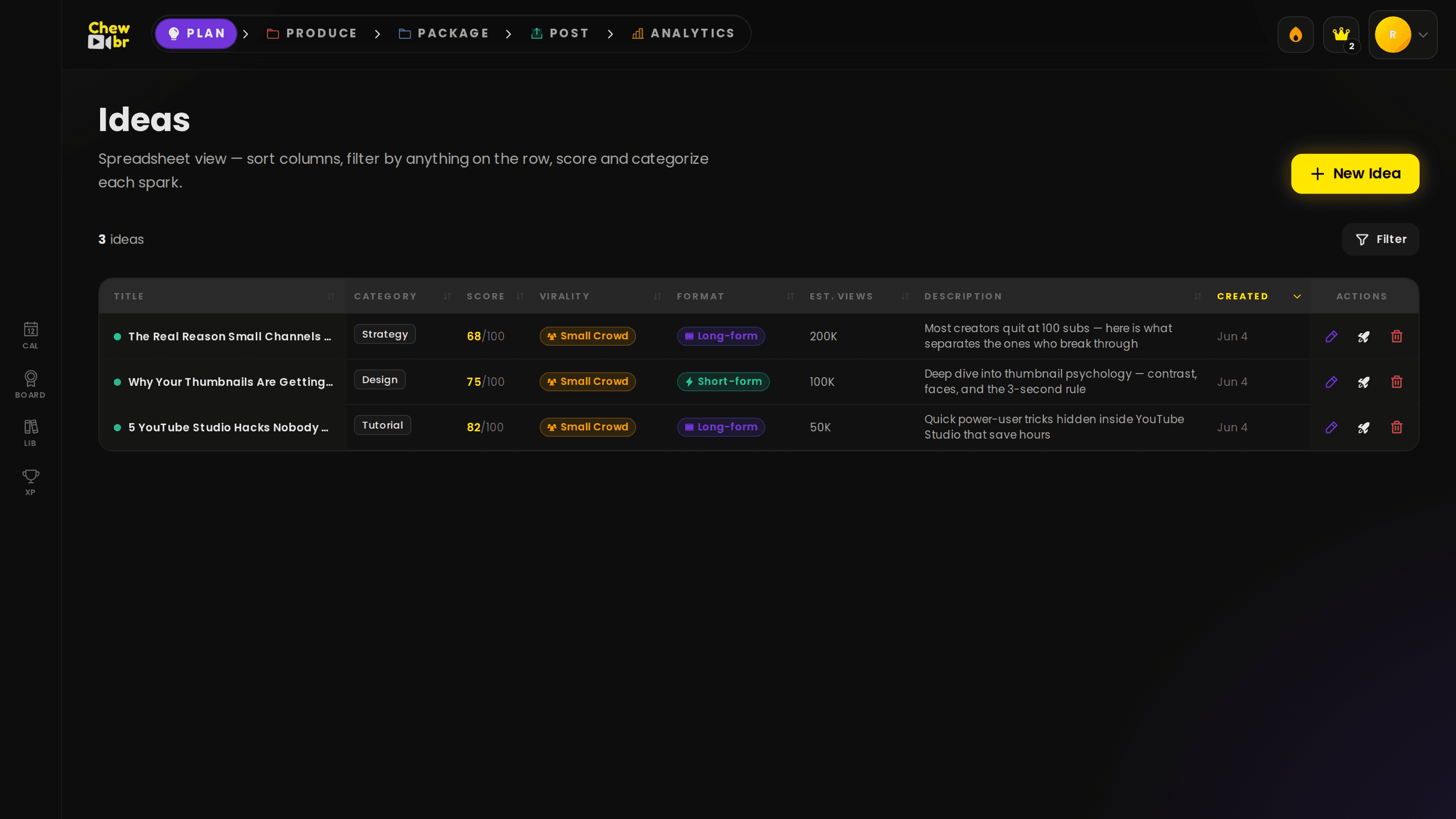 Ideas — the Chewbr 01 · Plan screen