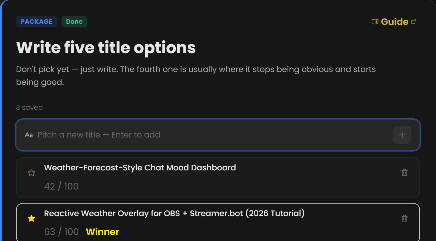 The Package step in Chewbr: title options scored out of 100, with the winner starred