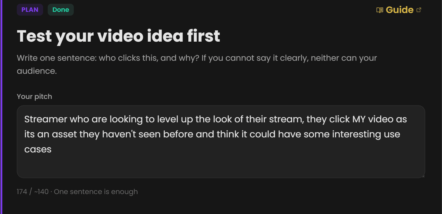 The Plan step in Chewbr, marked done: the one-sentence pitch test with a real pitch written in
