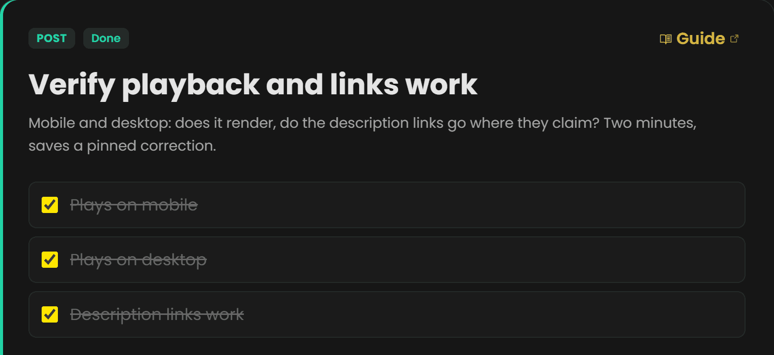 The Post step in Chewbr with all three playback checks ticked: mobile, desktop, description links