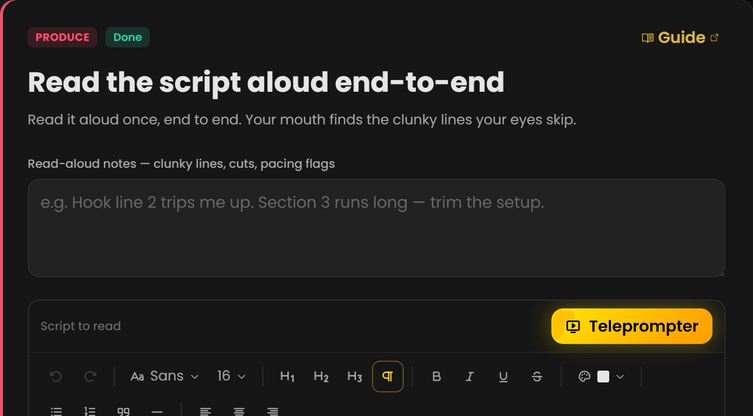 The Produce step in Chewbr: read the script aloud, with the script editor and teleprompter