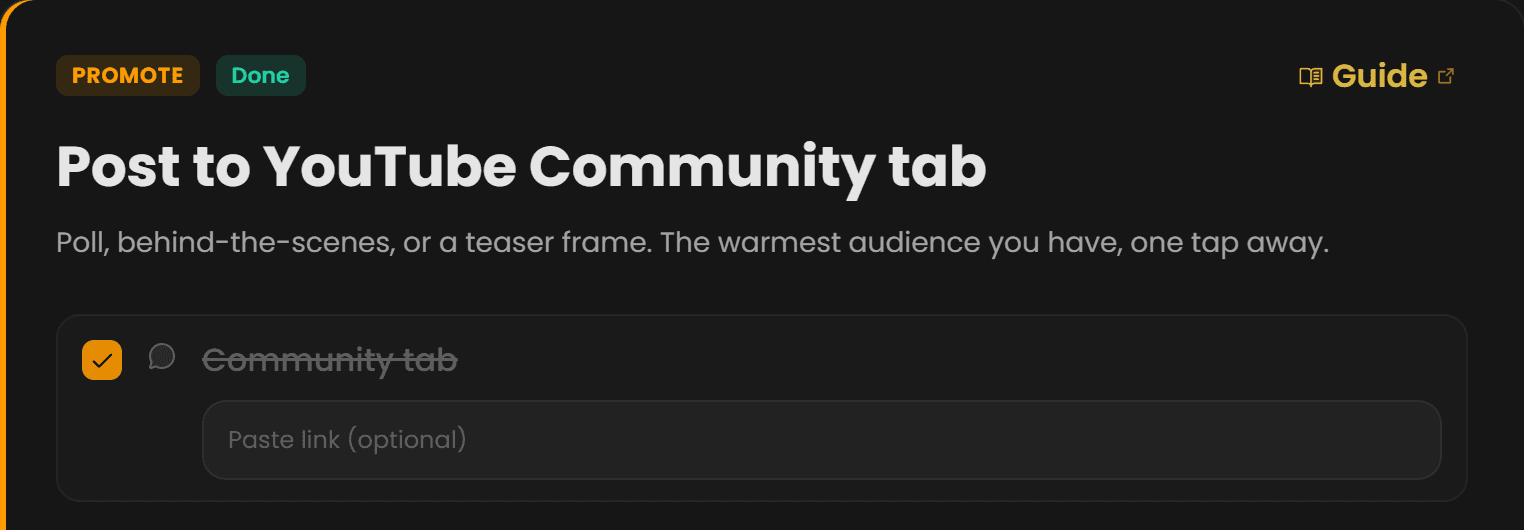 The Promote step in Chewbr, done: the YouTube Community tab post ticked off